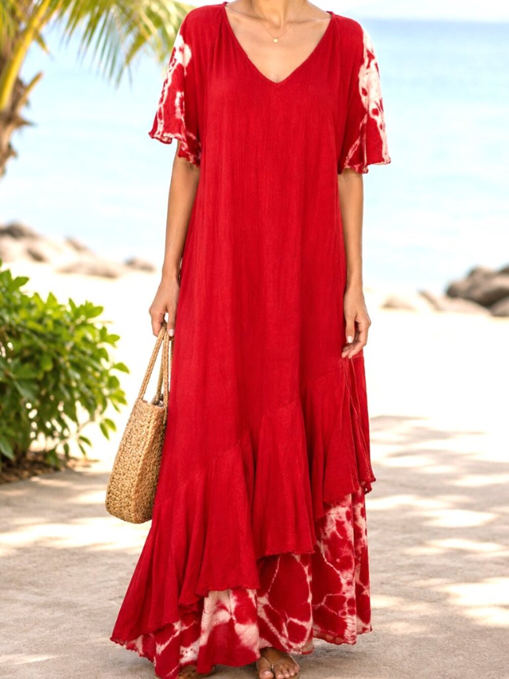 DUNES Red Cotton Gauze Maxi Dress